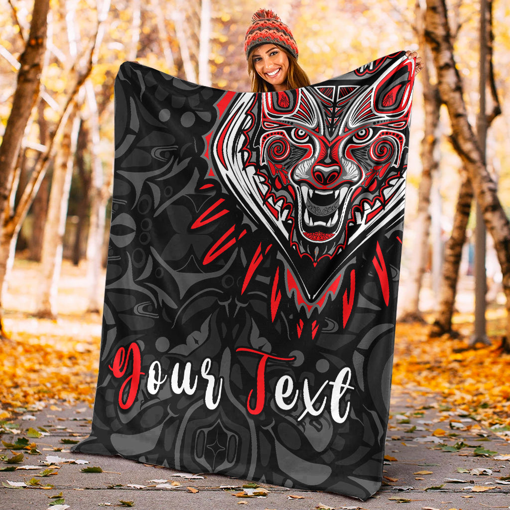 Black wolf blanket with Haida wolf graphic and red 'Your Text' text