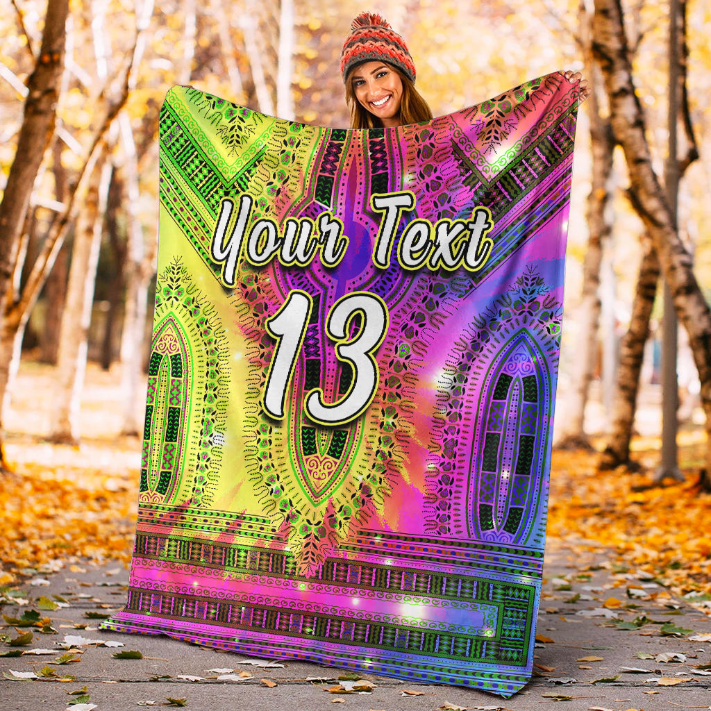 Multicolor dashiki-pattern blanket with custom text “Your Text” and number 13
