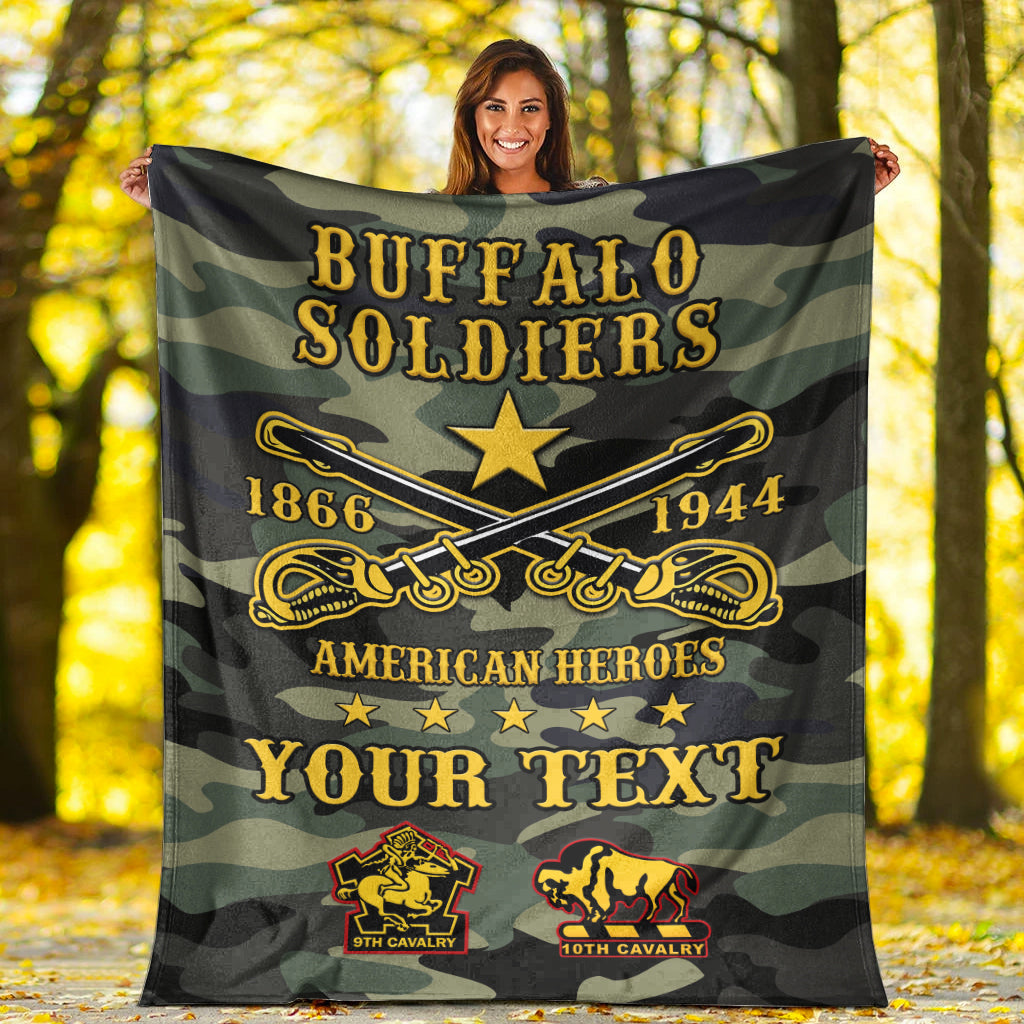 Camouflage Buffalo Soldiers premium blanket with gold text, star badge, and rifles
