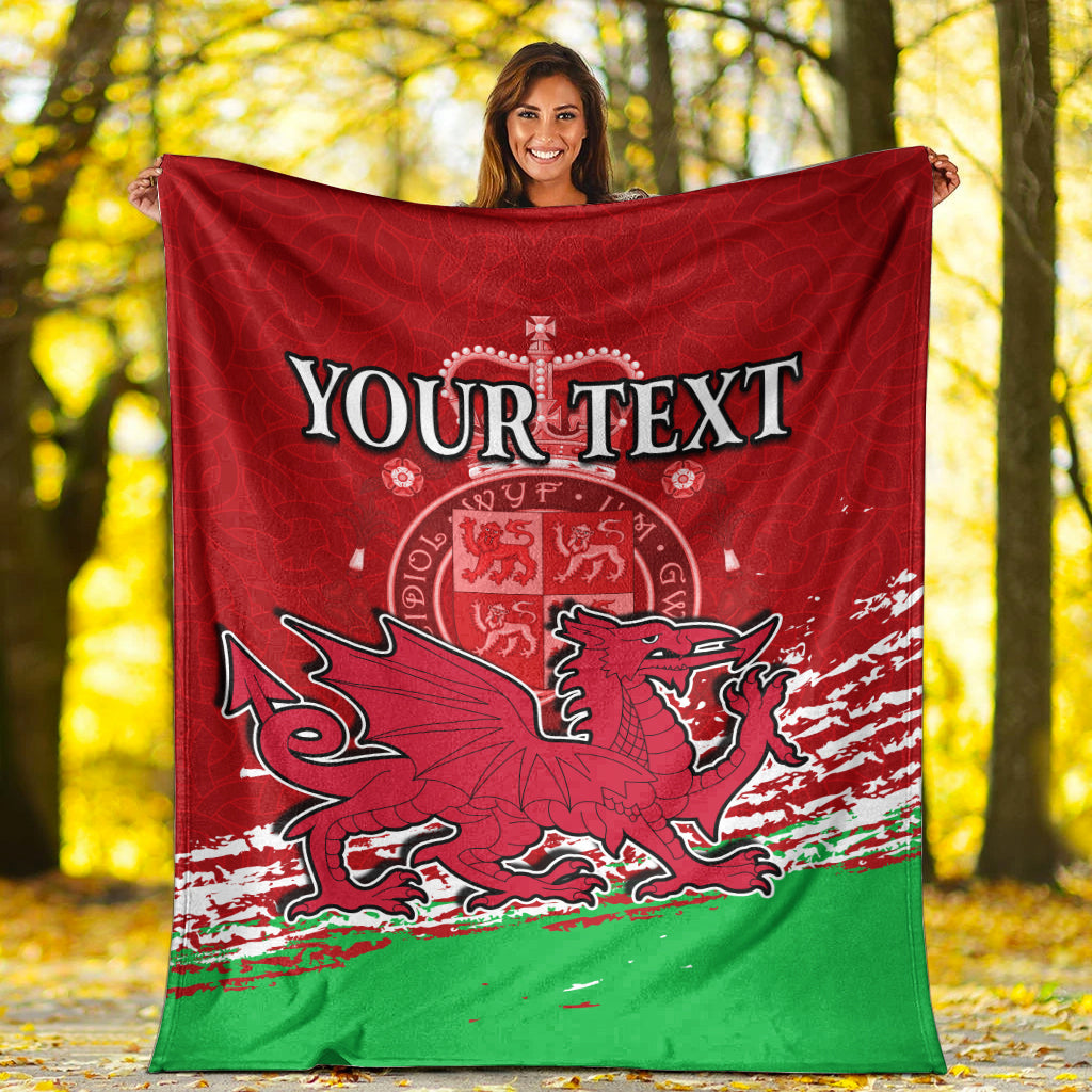 Premium Wales football blanket, red top and green bottom, dragon emblem with 'YOUR TEXT'
