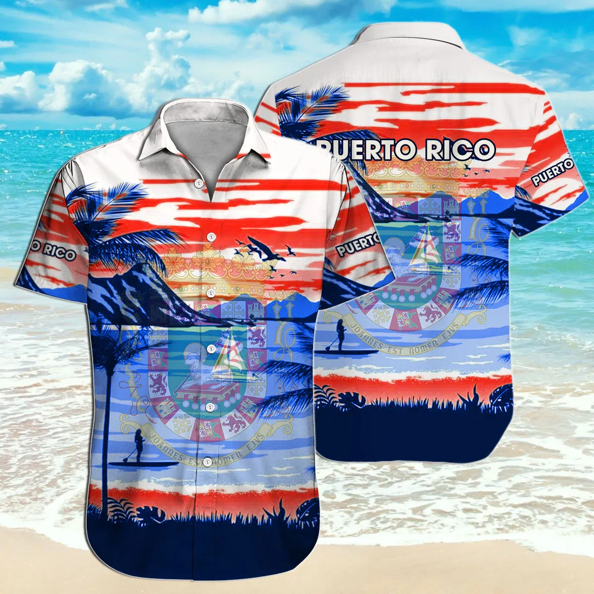 Puerto Rico Hawaiian shirt, short-sleeve button-up with red, white, blue scenic print.
