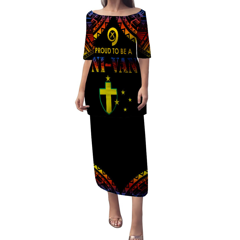 Black long puletasi dress with off-shoulder neckline, short sleeves, colorful tribal print