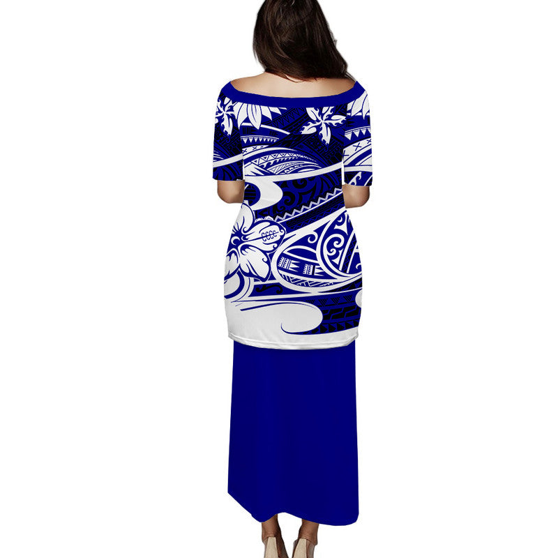 Blue long puletasi dress, back view, tribal print tunic with solid skirt