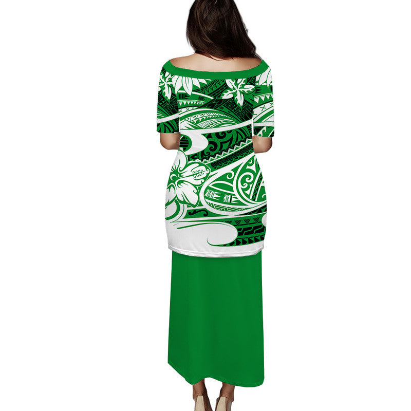 Green long dress with off-shoulder tribal print top and solid skirt back view