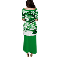 Green long dress with off-shoulder tribal print top and solid skirt back view