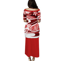 Red long dress with tribal print top and solid skirt, 3/4 sleeves