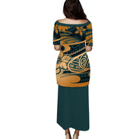 Polynesian tribal puletasi dress, dark green with gold/teal patterned back tunic and skirt