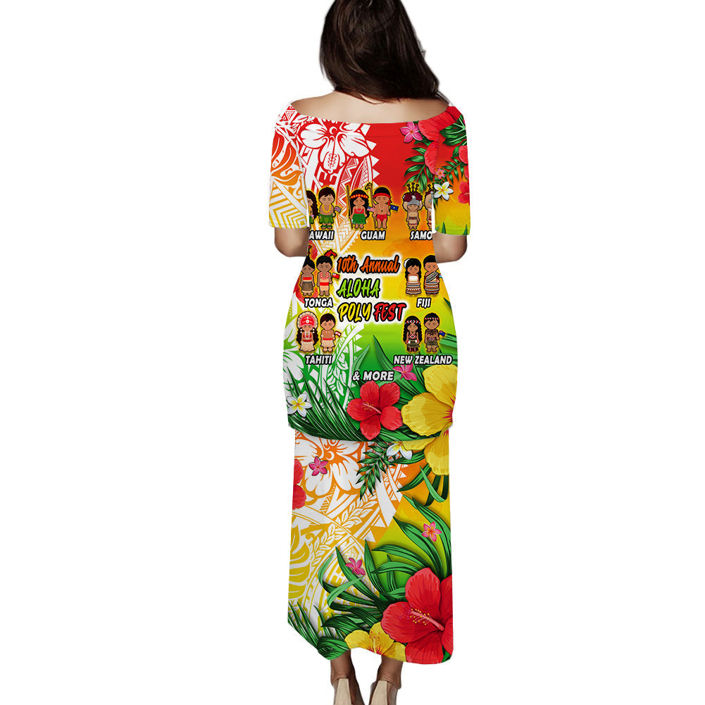 Long dress with tropical Polynesian back print, red-green-yellow, short sleeves