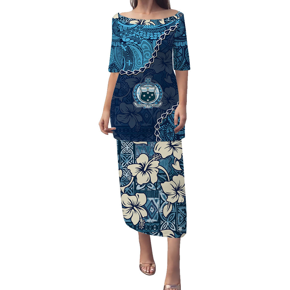 Blue long dress with off-shoulder square neckline, 3/4 sleeves, tapa-style floral print