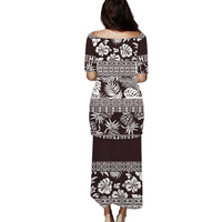 Brown long dress with square back, 3/4 sleeves, black-and-white tropical leaf print