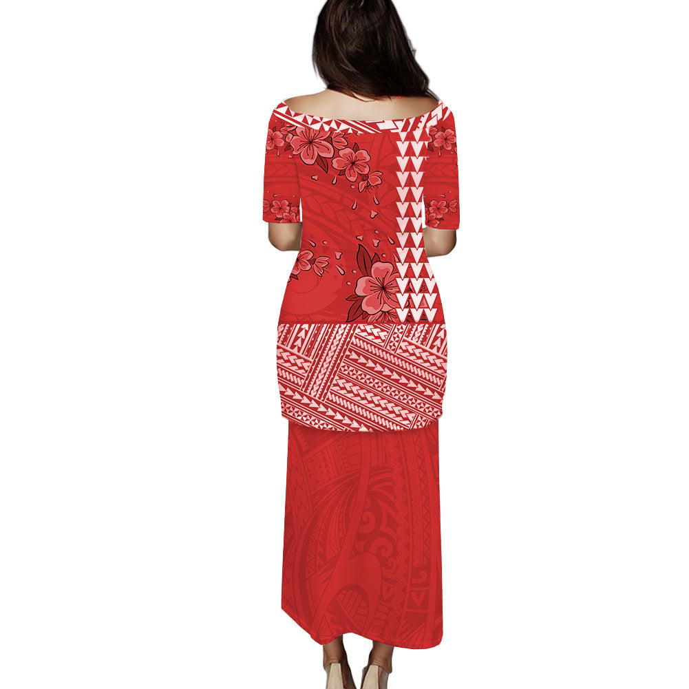 Red long dress, back view, floral and geometric Polynesian pattern with trim