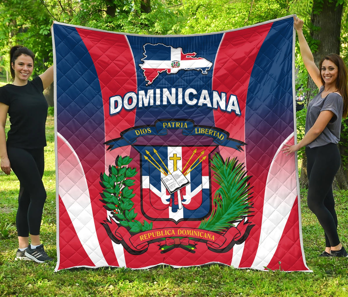 Blue Dominican Republic quilt banner with crest, diamond quilting and red-white-blue stripes