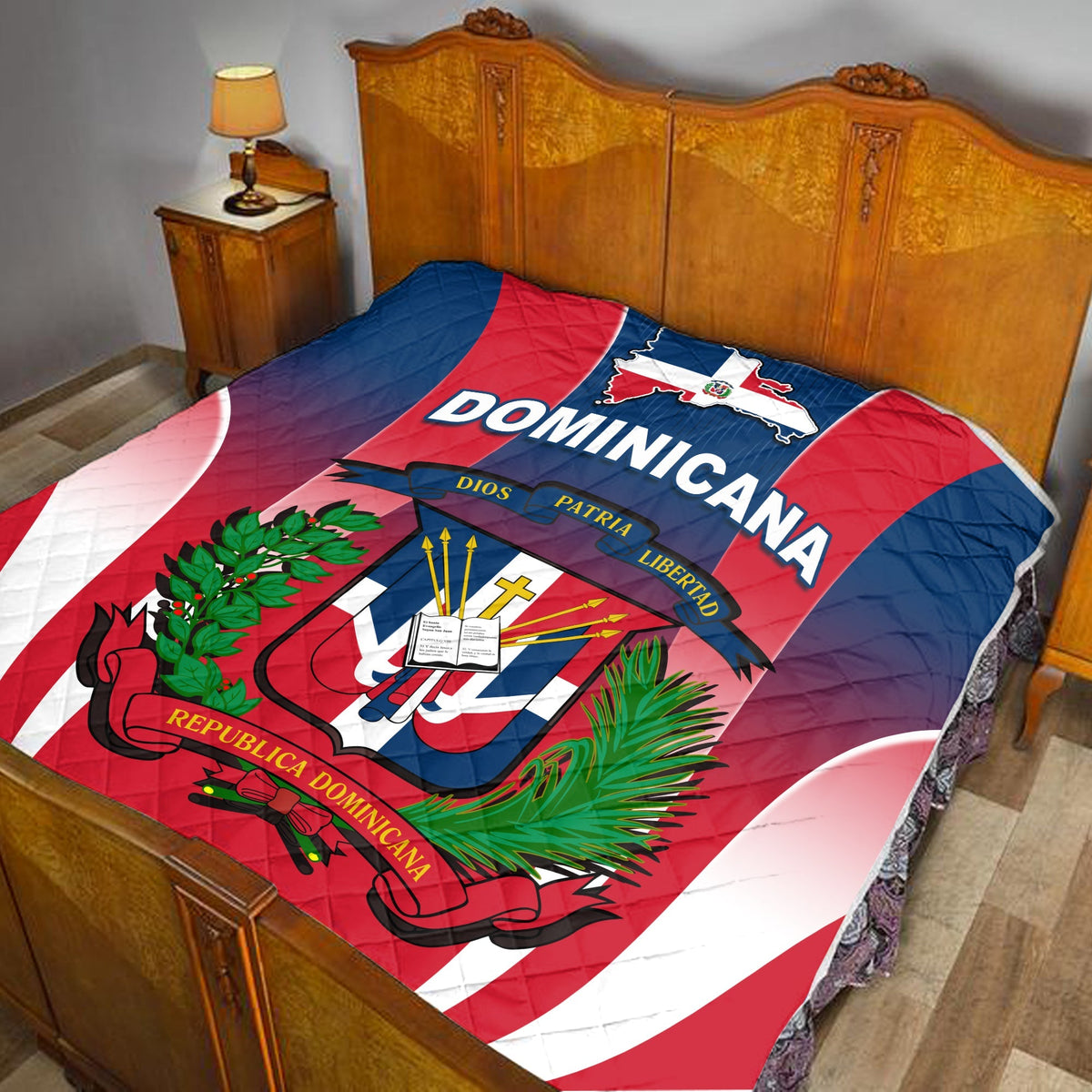 Blue Dominican Republic quilt with crest and red-white-blue stripes, diamond stitched