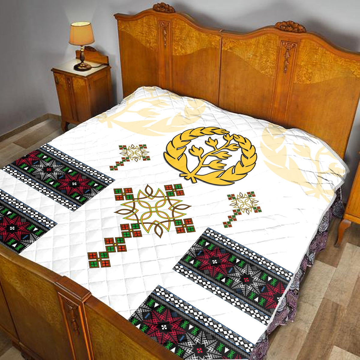 White premium quilt with gold tree emblem and colorful cross patchwork panels