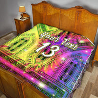 Multicolor Africa dashiki tie-dye quilt with custom text 13 over geometric shapes