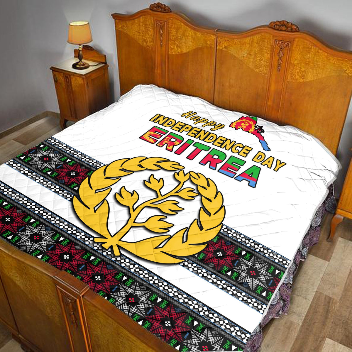 White Independence Day Eritrea quilt with golden tree wreath and Eritrean text