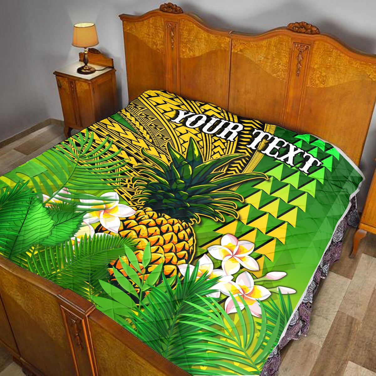 Green pineapple and plumeria quilt with tribal zigzag pattern, personalized text