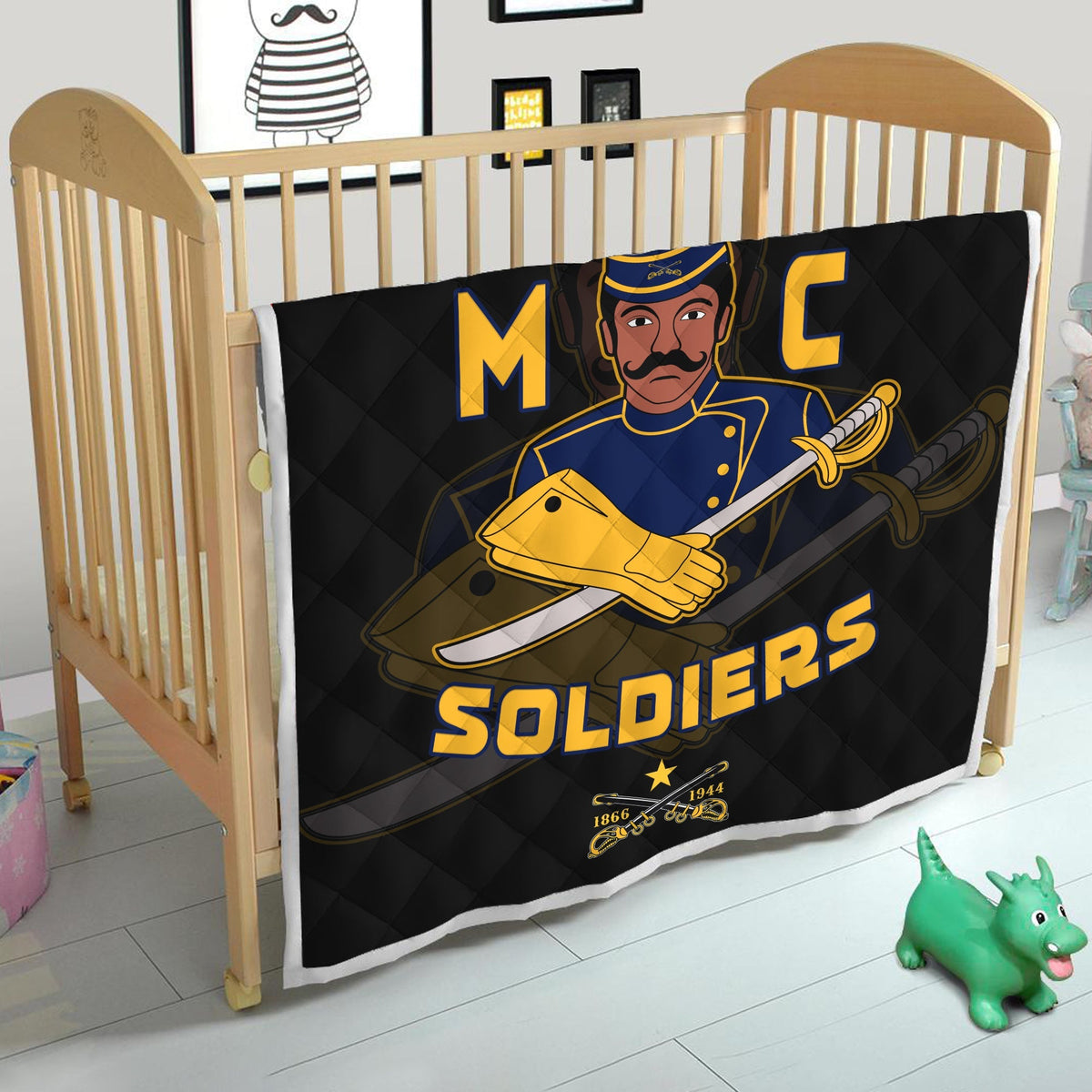 Black quilted blanket with central soldier graphic and bold SOLDIERS text