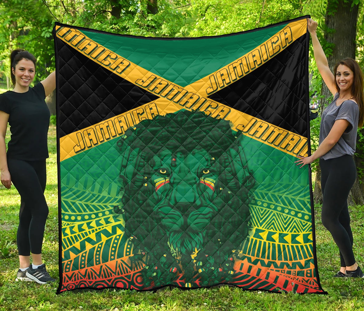 Premium quilt blanket with Rastafari lion, green/black/yellow multicolor Kente print