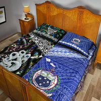 Blue SAMOA quilt with crest emblem and black/green AOTEAROA pillow, full quilt set