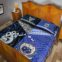 Blue quilt bed set with Samoa badge and Aotearoa ribbon stripe, decorative pillow pair