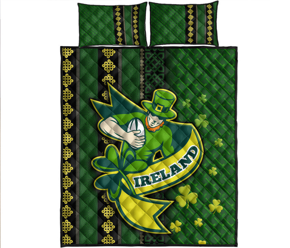 Green Irish rugby quilt bed set with gold Celtic knot border and logo, includes pillows.