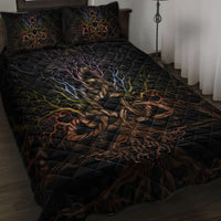 Black quilt bed set with colorful Tree of Life and triquetra motif, diamond stitched pattern