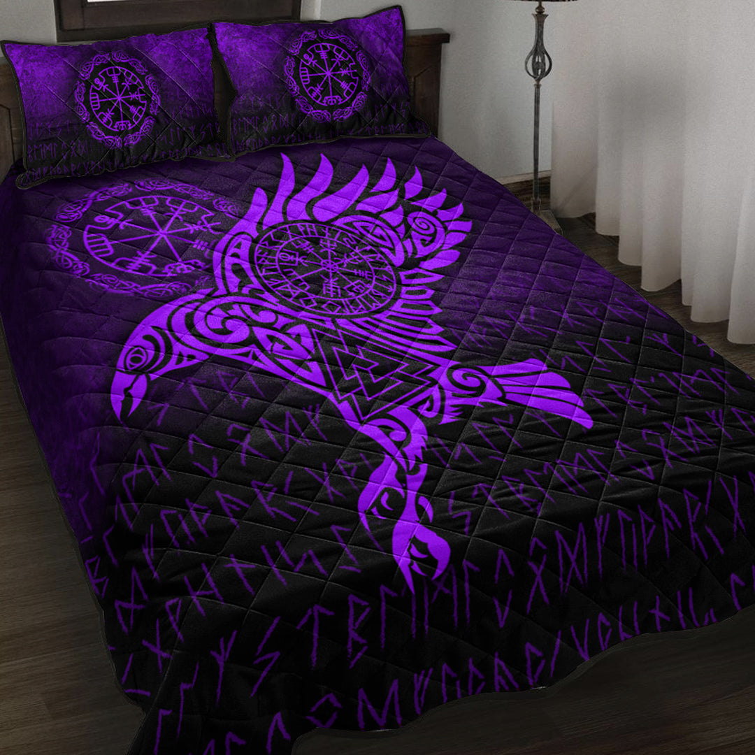 Purple and black quilt bed set with large Raven Vegvisir wing tattoo, two matching pillows