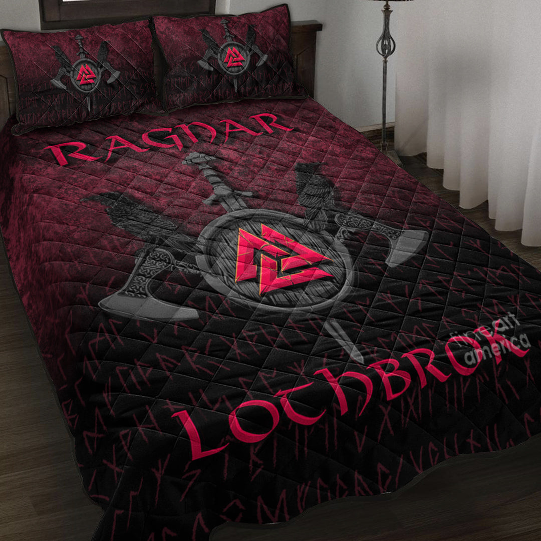 Burgundy Viking quilt bed set with Ragnar graphics and sword emblem, black accents