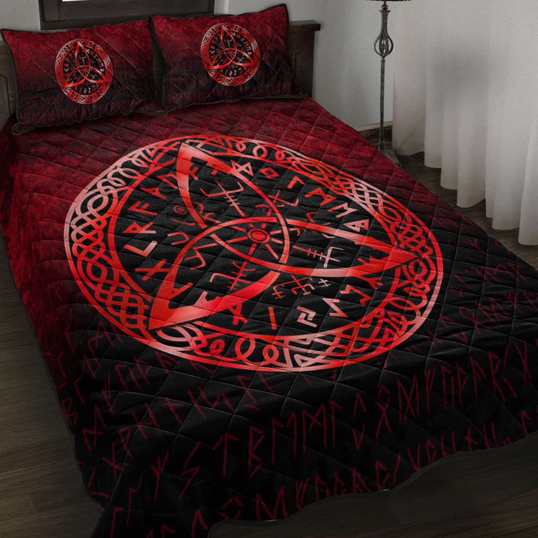 Red and black Nordic quilt bed set with Vegvisir rune circle on quilt and matching pillows