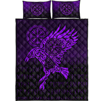 Purple and black quilt bed set with Raven Vegvisir wing center, two pillow shams