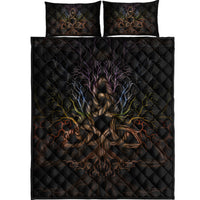 Black quilt bed set with colorful Tree of Life and triquetra motif plus two matching pillowcases