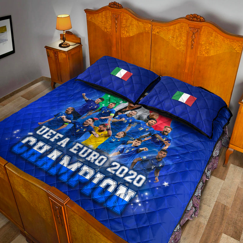 Blue quilt bed set with two pillows, Italian flag accents, and UEFA Euro 2020 Champion team print
