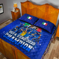 Blue quilt bed set with two pillows, Italian flag accents, and UEFA Euro 2020 Champion team print