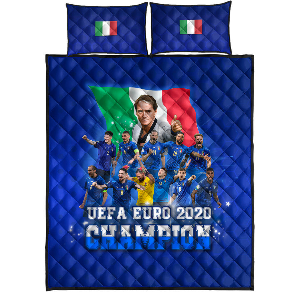 Blue quilt bed set with two pillows; Italian flag and UEFA Euro 2020 Champion design