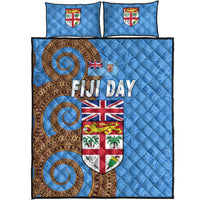 Blue Fiji Day quilt set with two pillows; full front view of “FIJI DAY” and crests