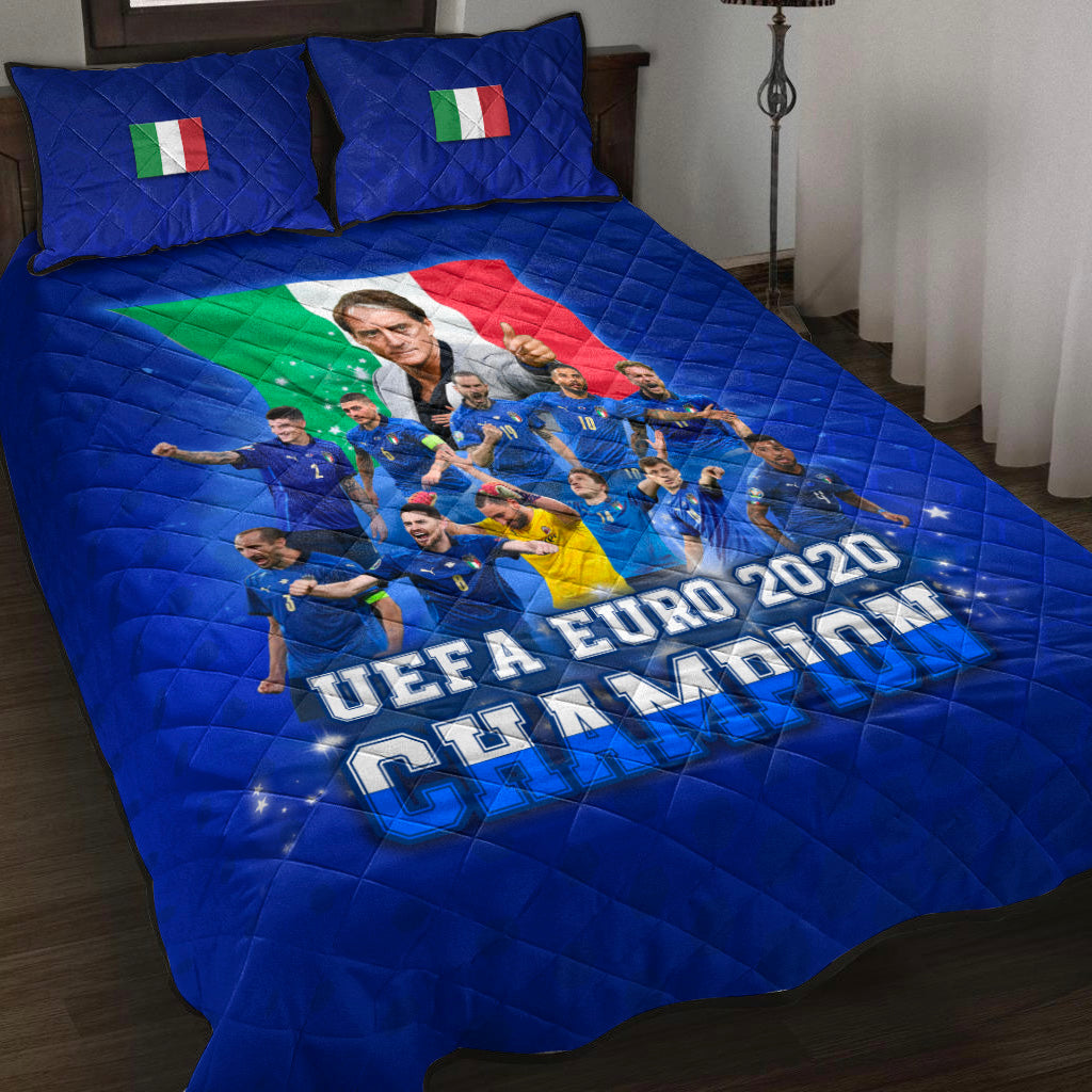 Blue quilted bed set with Italian flags, soccer players, and UEFA Euro 2020 Champion print