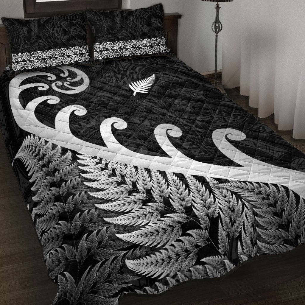 New Zealand Rugby Maori Quilt Bed Set Silver Fern Koru Vibes Black LT8 - Wonder Print Shop