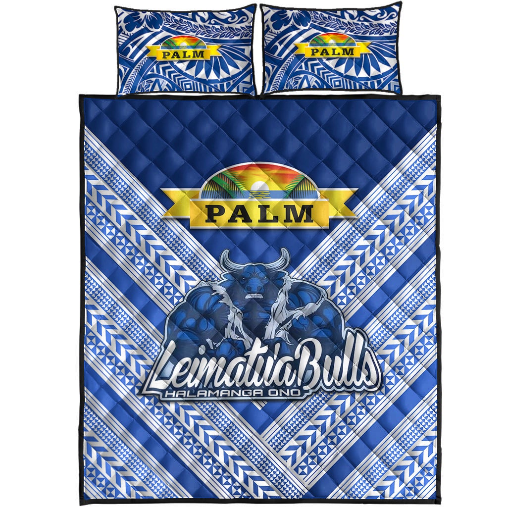 Blue quilt bed set front: diamond tribal stripes, PALM banner, bull and 'Leimatu'a Bulls'