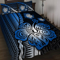 Blue & white Polynesian quilt set with tribal hibiscus patterns, 2 matching pillowcases