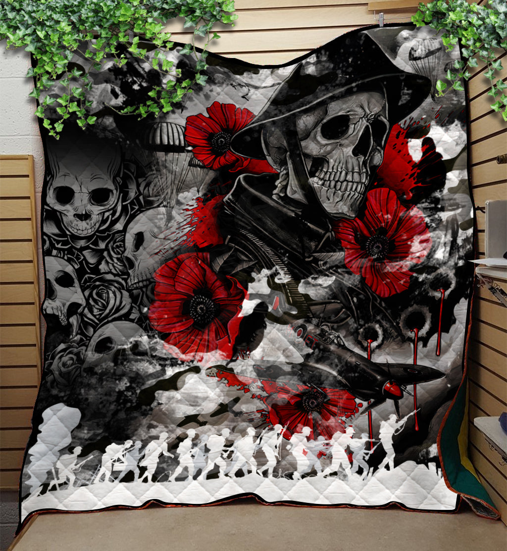 Black camo quilt with skulls, red flowers, and dripping ink graphic