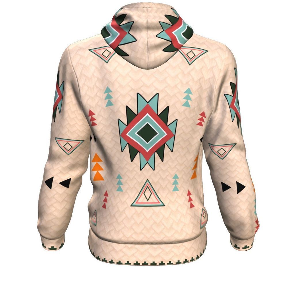 Light pullover hoodie back with large diamond emblem and multicolor geometric icons