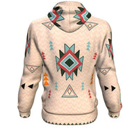 Light pullover hoodie back with large diamond emblem and multicolor geometric icons