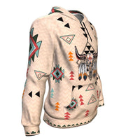 Light pullover hoodie front-left angle with bison head chest print and geometric accents