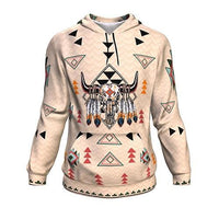 Light pullover hoodie with multicolor bison head and geometric tribal print