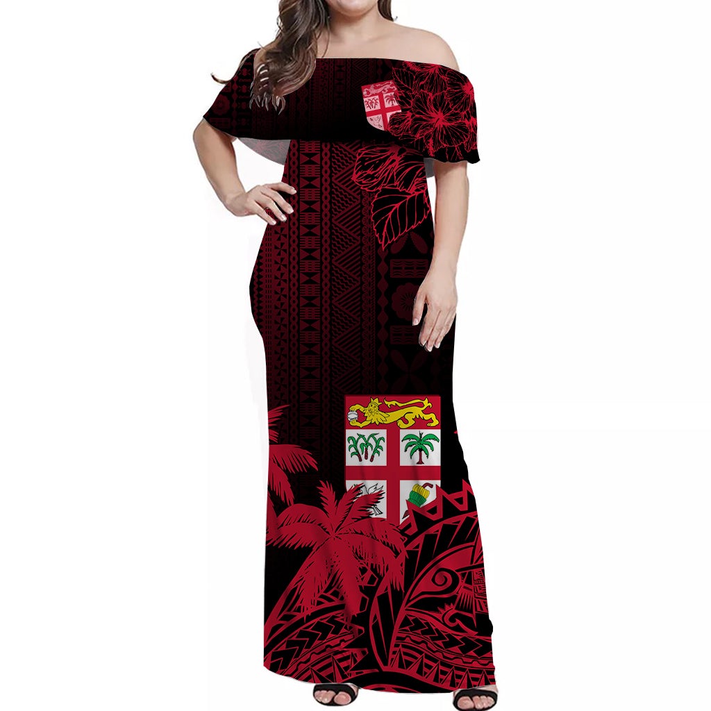 Red off-shoulder long dress with Polynesian tapa wave pattern, short sleeves
