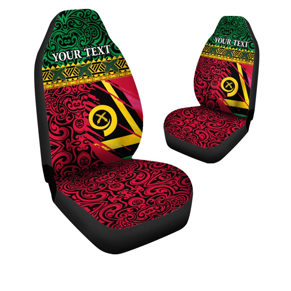 Vanuatu flag seat covers for LT13 with red, green and yellow pattern; custom text panel