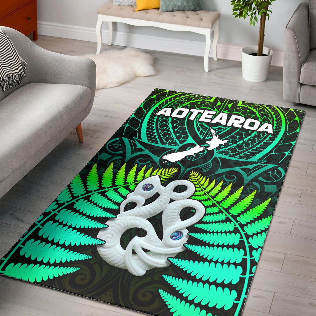 Aotearoa Fern area rug in green with white Hei Tiki and fern pattern, LT13