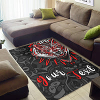 Black rug with bold wolf face design and “Your Text” script in red and white