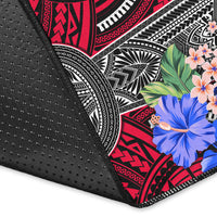 Chamorro rug corner close-up with textured black backing and colorful printed edge